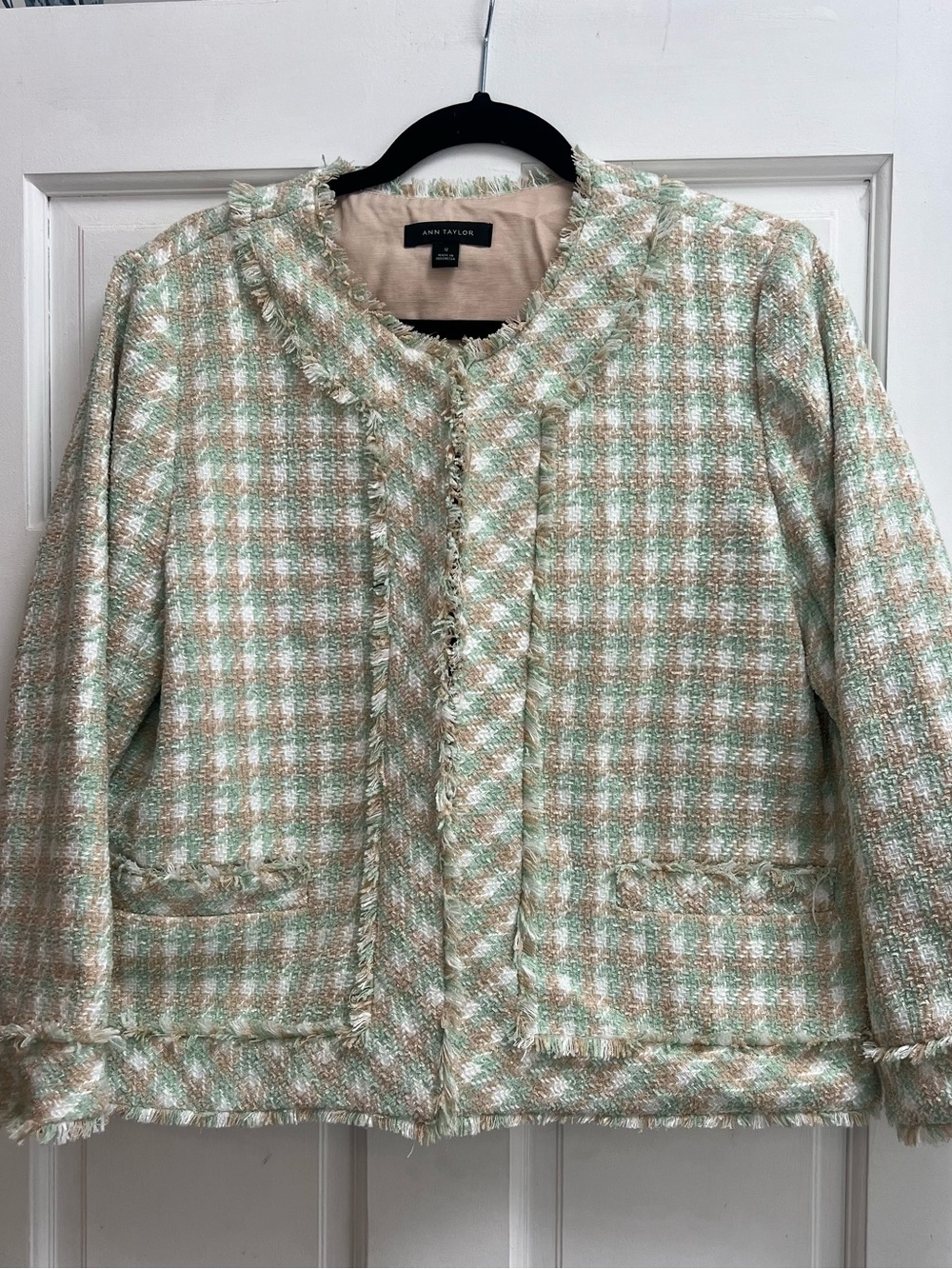 Ann Taylor Mint, Brown and Cream Tweed Fringe Jacket